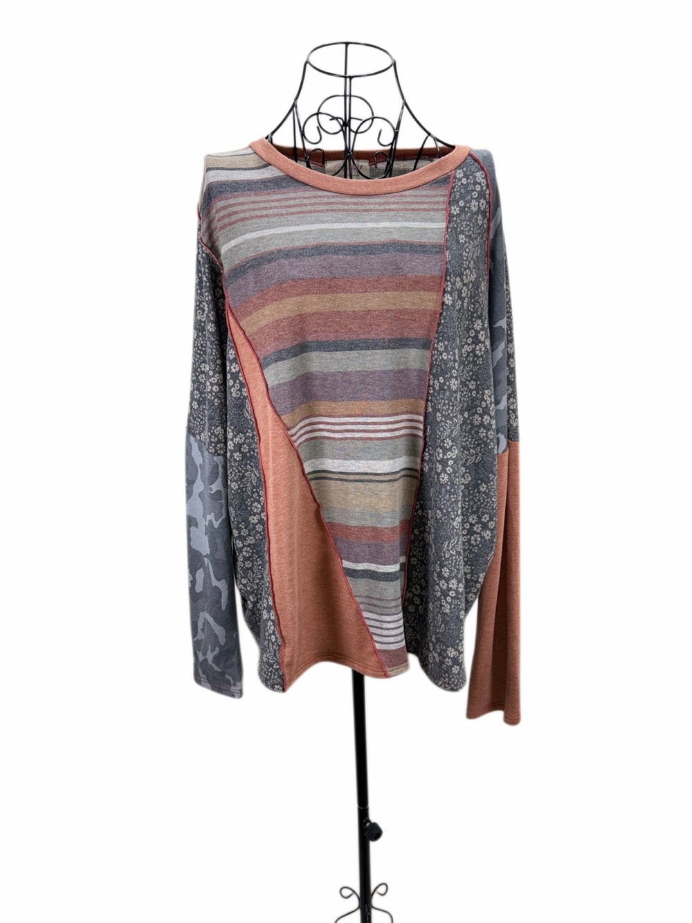 Sugarfox 1XL Boho Patchwork Mixed Print Oversized Long Sleeve Top